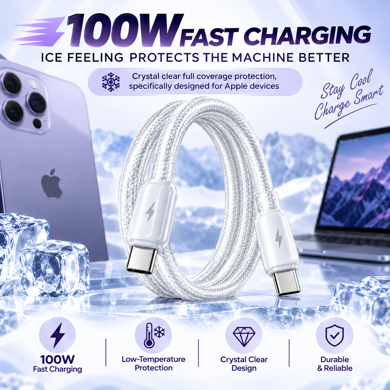Futopia Titanium Series Low-Temperature Crystal Cable, Type-C to Type-C 100W Fast Charging, Compatible with iPhone 15–17 & Android