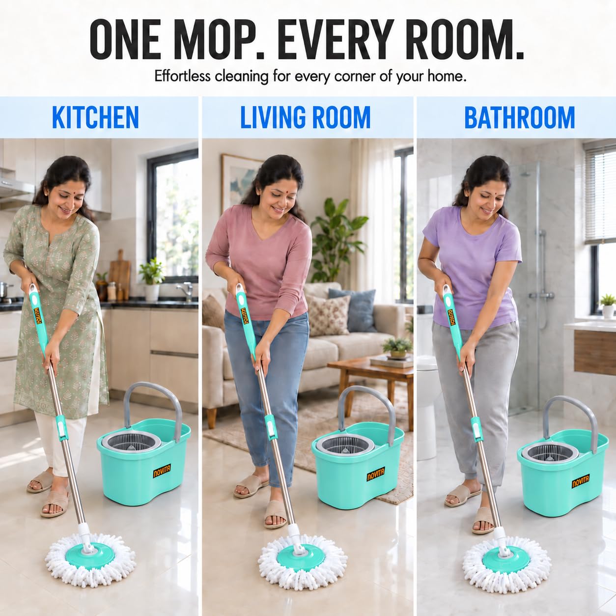 Novita Lite Twin Bucket Spin Mop with Easy Wring & Rinse System | 360° Telescopic Adjustable Handle, High Absorbency Microfiber Floor Mop | Removable Wringer Bucket Set with 1 Extra Refill (Aqua Green)
