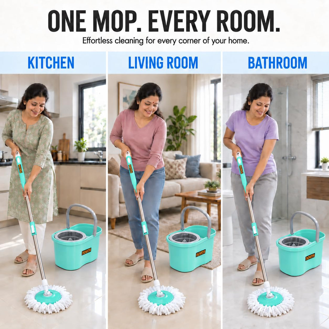 Novita Lite Twin Bucket Spin Mop with Easy Wring & Rinse System | 360° Telescopic Adjustable Handle, High Absorbency Microfiber Floor Mop | Removable Wringer Bucket Set with 1 Extra Refill (Aqua Green)