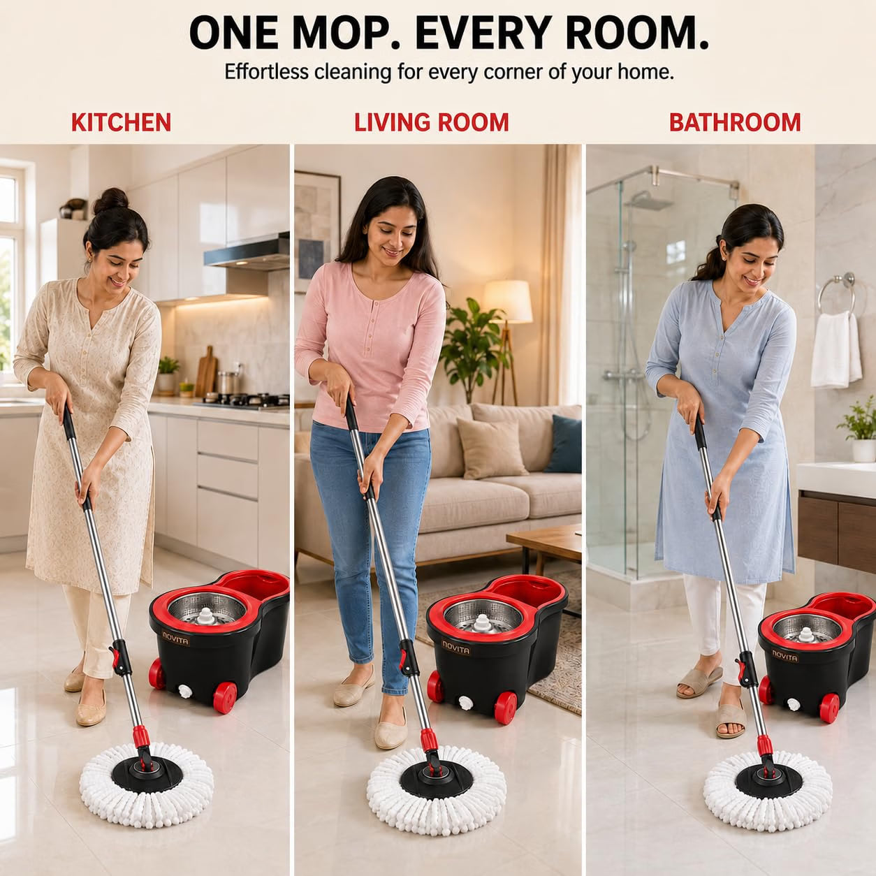 Novita 360° Spin Mop Bucket Set | Steel Jali with Heavy Smart System | Easy Rinse | Telescopic Microfiber Mop |1+1 Refill | Pocha | Wheels | Removes Over 99%* Bacteria- (Red & Black)