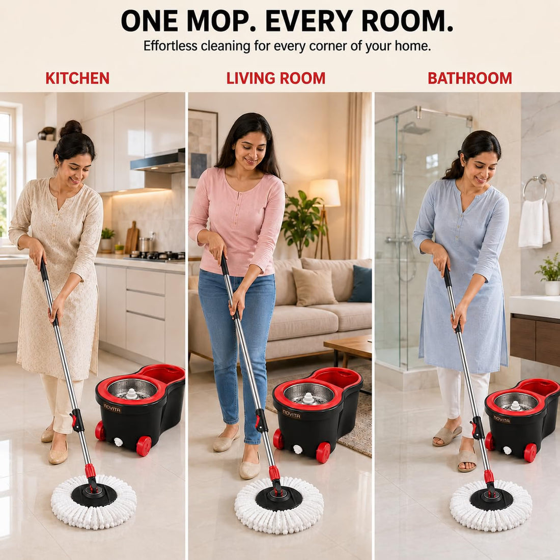Novita 360° Spin Mop Bucket Set | Steel Jali with Heavy Smart System | Easy Rinse | Telescopic Microfiber Mop |1+1 Refill | Pocha | Wheels | Removes Over 99%* Bacteria- (Red & Black)
