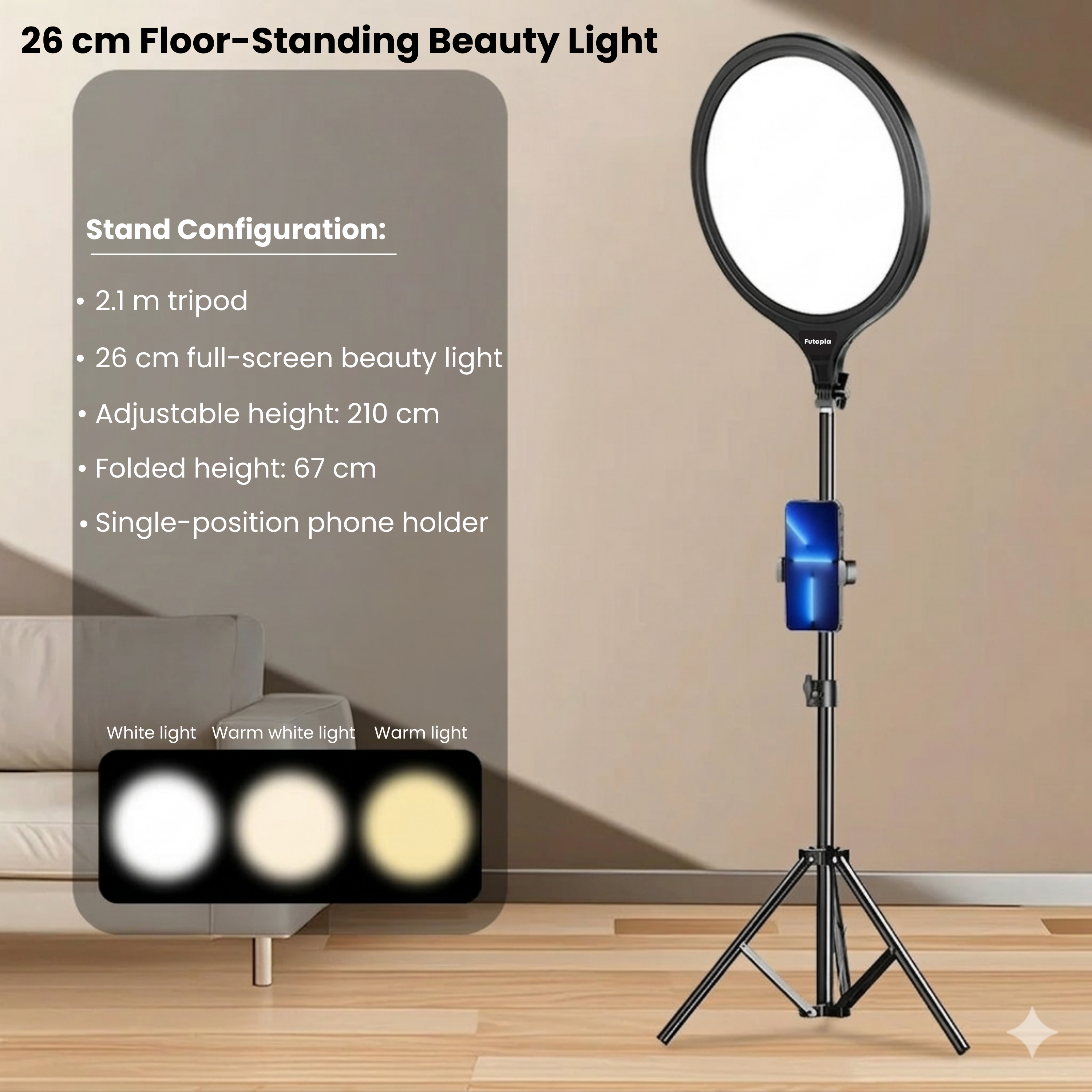 Futopia 10-Inch LED Ring Light with Tripod Stand | 3 Color Modes (Warm, Cold & Mixed) | Dimmable 10W USB Powered Fill Light for YouTube, Live Streaming, Photoshoot & Video Recording