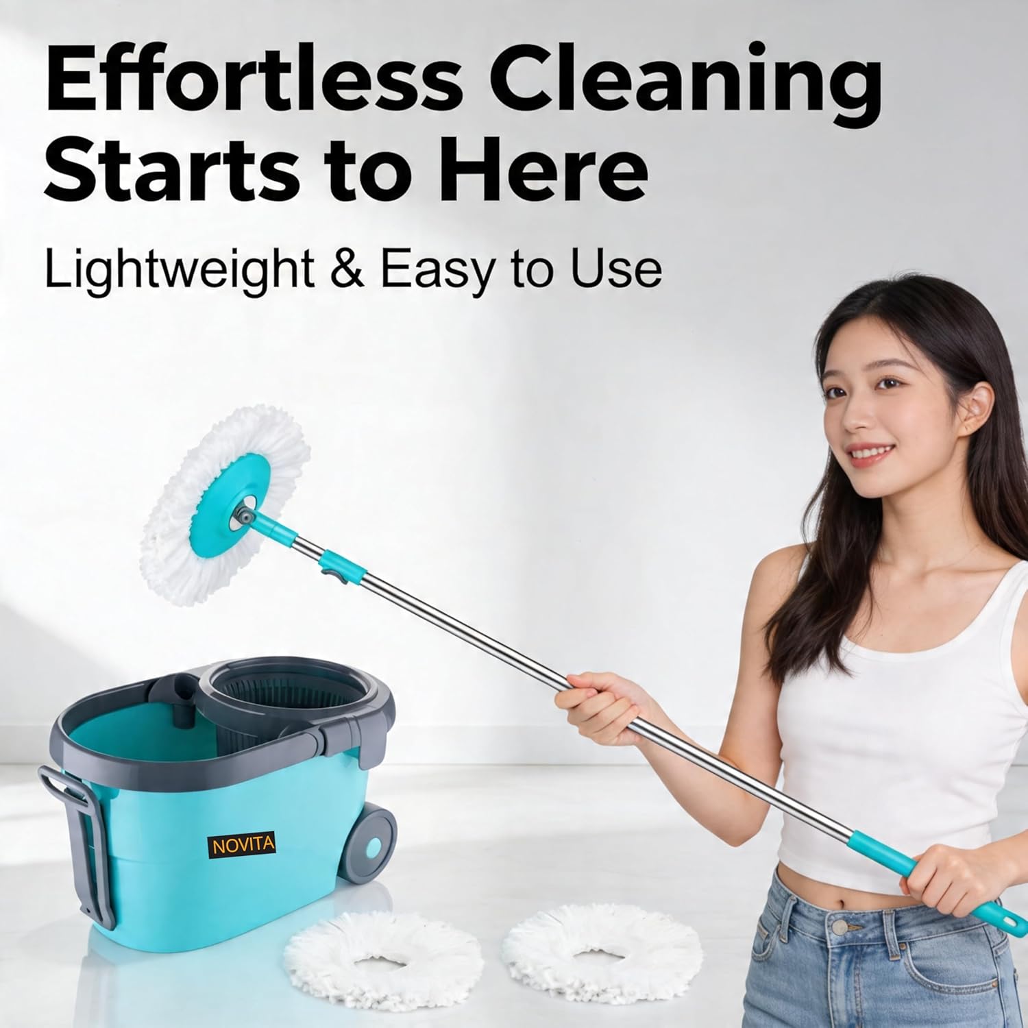 NOVITA 360° Premium Spin Mop & Bucket Combo with Stainless Steel Handle & Super-Absorbent Microfiber Heads – Blue