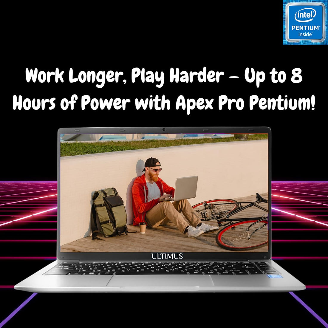 Ultimus APEX Pro Intel Pentium Quad Core Laptop 4GB RAM 128GB eMMC SSD Expandable~512GB Ultra Thin Bezel 180° Hinge 2.0x1 3.0x1 USB HDMI SD Card Slot ‎LPDDR4 Dual Speaker Win11 Home Cloud Silver 1.2Kg