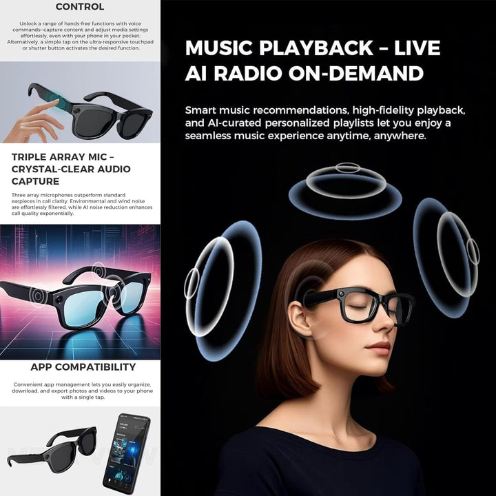 Futopia AIVIS-M AI Smart Glasses with 5MP Camera & ChatGPT – IP67 Waterproof Smart Eyewear for Men & Women – 1080p Video Recording, Real-Time Translation, Open-Ear Audio & Bluetooth 5.3 – Matte Black