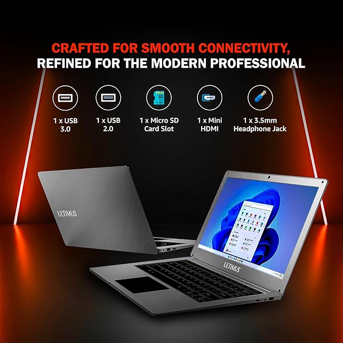 Ultimus APEX Pro Pentum Quad Core 4GB RAM 128GB SSD Expandable 512GB Ultra Thin Bezel 180° Hinge 2.0x1 3.0x1 SD Card Slot ‎LPDDR4 Win 11  Space Gray