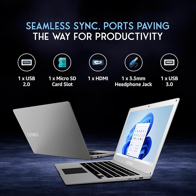 Ultimus APEX Bold N Intel Celeron Quad Core 8 GB DDR4 256 GB SSD Expandable~1TB 14.1 Ultra-Thin Bezel 180° Hinge 3.0x1,2.0x1 USB HDMI Win 11 Home 1.4KG Silver