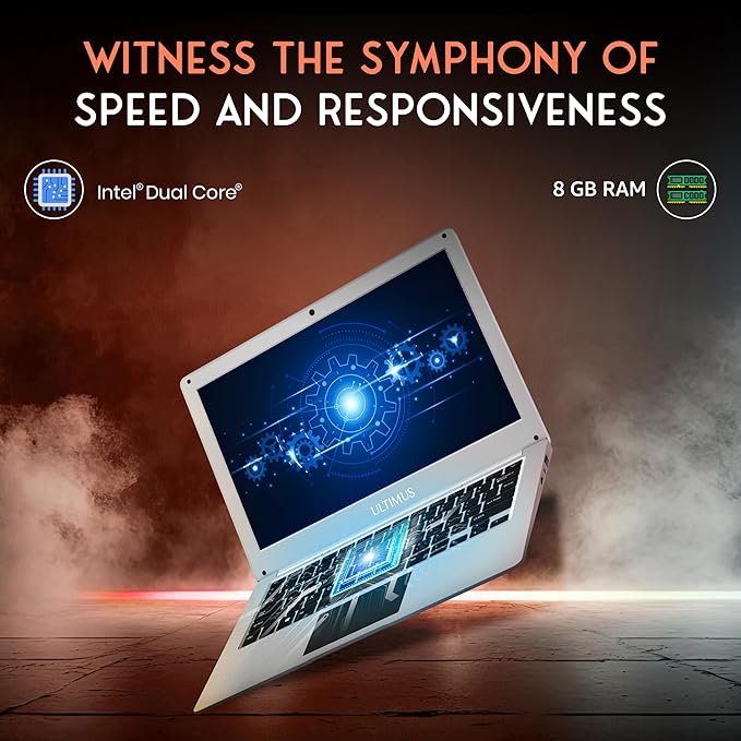 Ultimus APEX Bold N Intel Celeron Quad Core 8 GB DDR4 256 GB SSD Expandable~1TB 14.1 Ultra-Thin Bezel 180° Hinge 3.0x1,2.0x1 USB HDMI Win 11 Home 1.4KG Silver