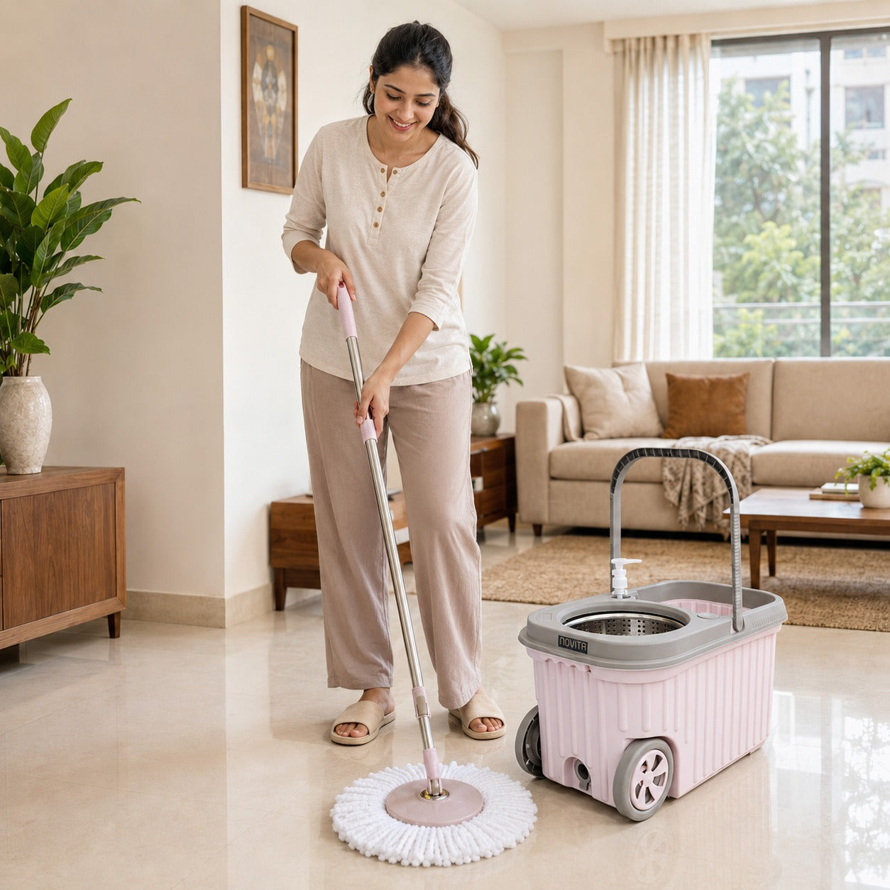 Novita Premium 360° Spin Mop Bucket Set | Steel Jali with Heavy Smart System | Easy Rinse | Telescopic Microfiber Mop & Soap Dispenser |1+1 Refill | Pocha | Big Wheels | Removes Over 99%* Bacteria
