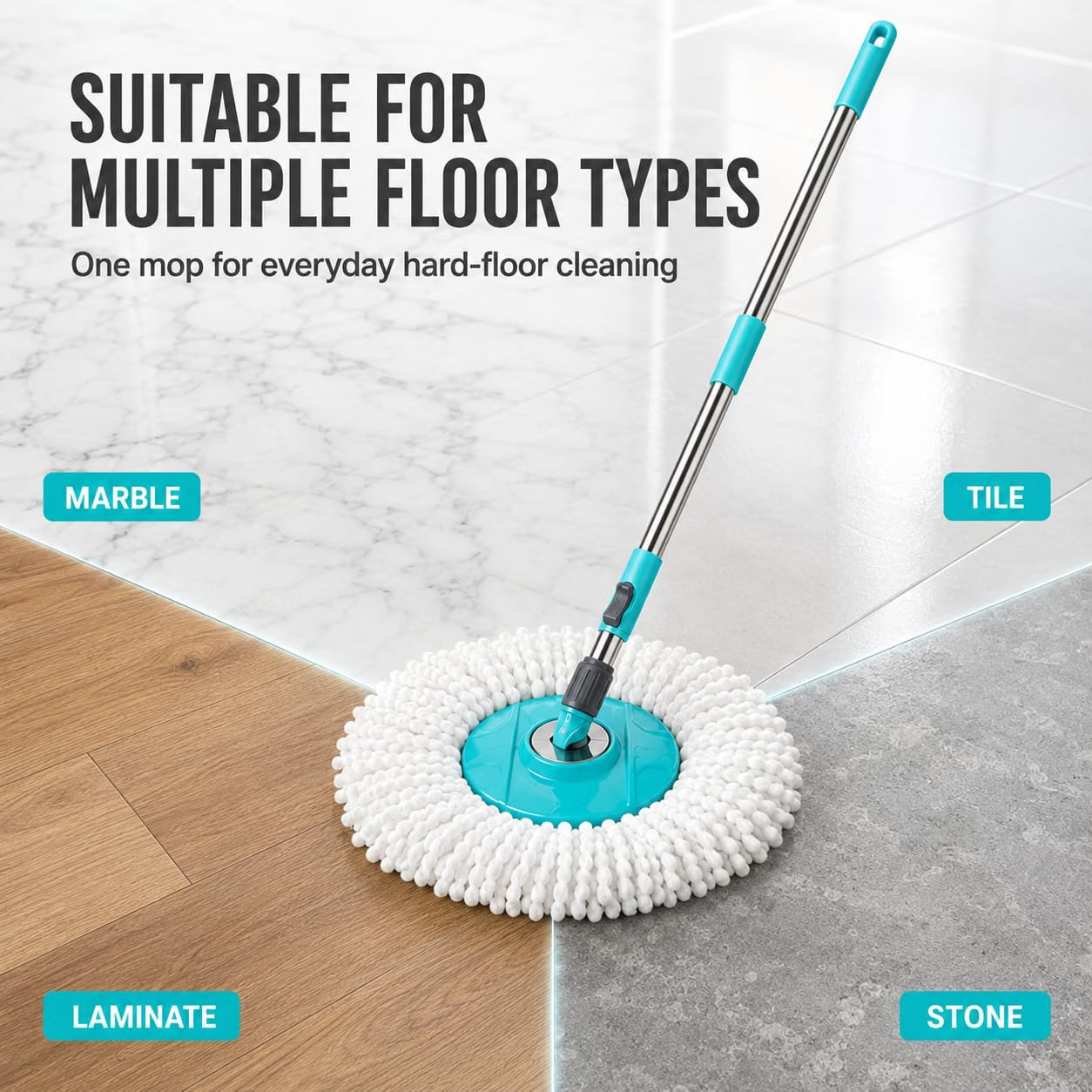 Novita 360° Spin Mop Bucket Set | Steel Jali with Heavy Smart System | Easy Rinse | Telescopic Microfiber Mop |1+1 Refill | Pocha | Wheels | Removes Over 99%* Bacteria- (Aqua Blue)