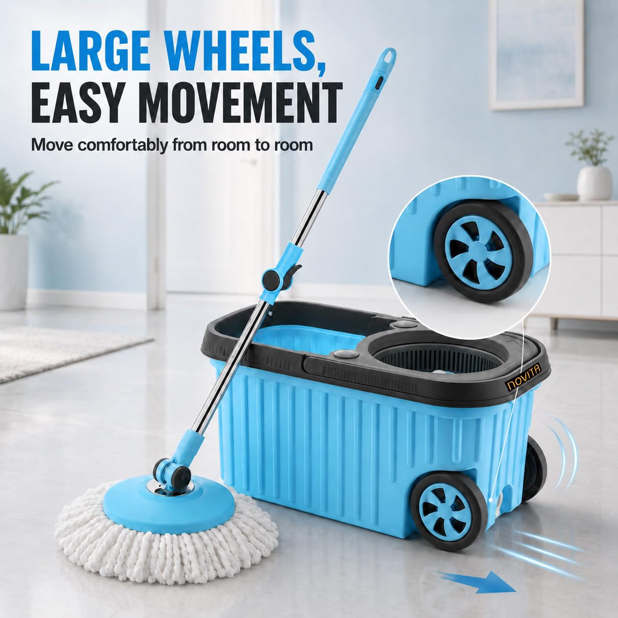Novita 360° Spin Mop Bucket Set | Plastic Jali with Heavy Smart System | Easy Rinse | Telescopic Microfiber Mop |1+1 Refill | Pocha | Big Wheels | Removes Over 99%* Bacteria- (Blue)