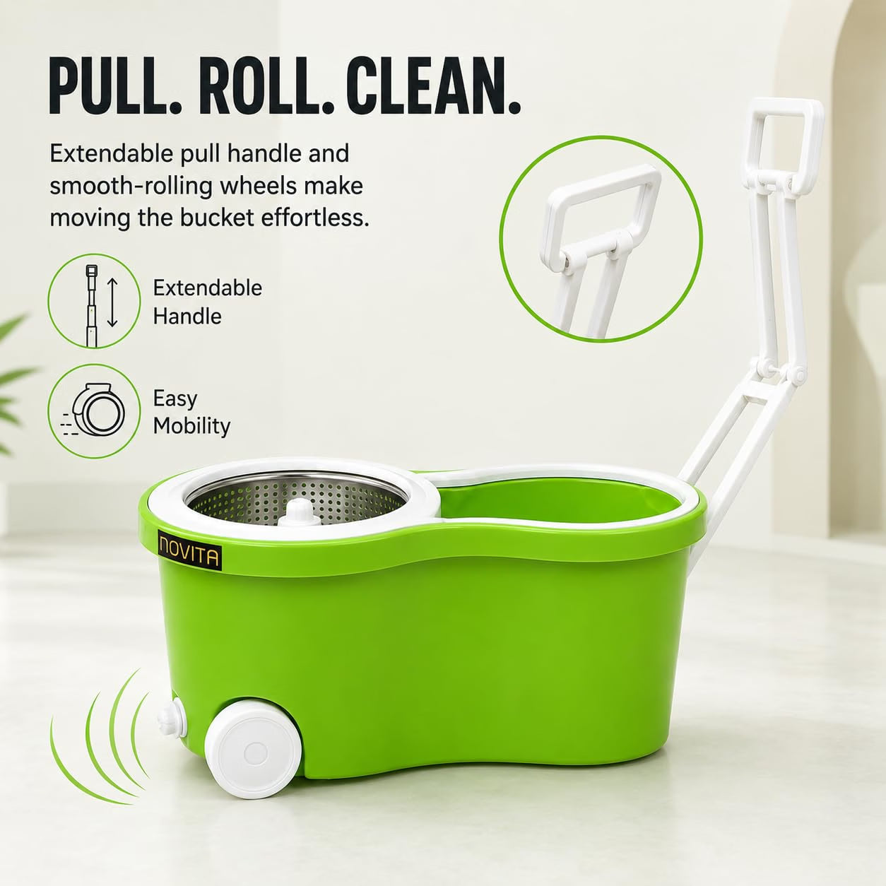 Novita 360° Spin Mop Bucket Set | Steel Jali with Heavy Smart System | Easy Rinse | Telescopic Microfiber Mop |1+1 Refill | Pocha | Big Wheels | Removes Over 99%* Bacteria- (Green)
