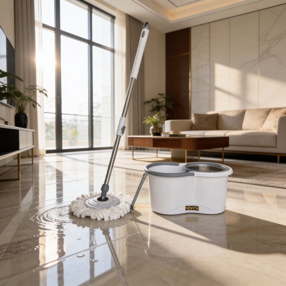 NOVITA 360° Spin Mop Bucket Combo with Steel Handle, Microfiber Refill, Drain System & Wheels – White & Grey