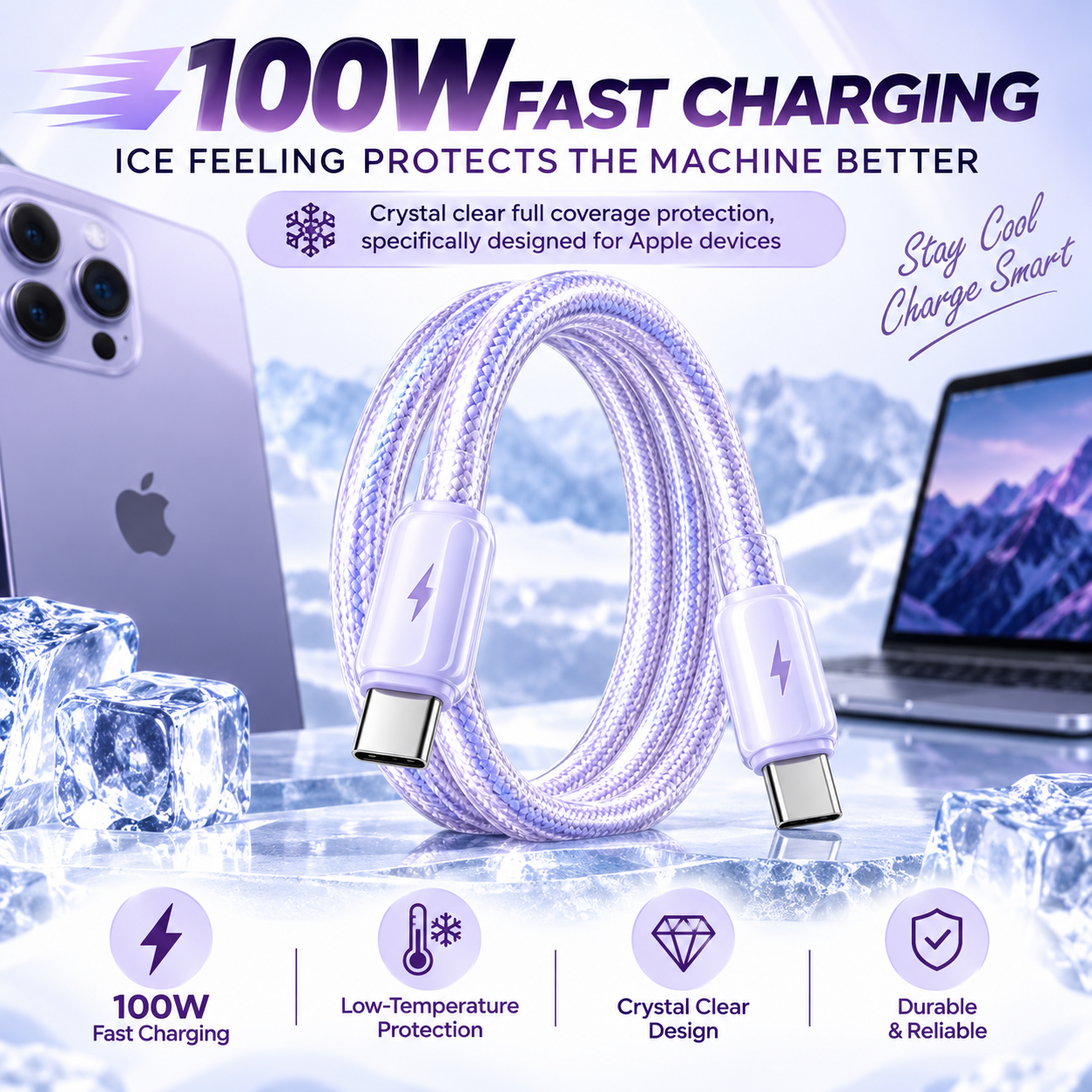 Futopia Titanium Series Low-Temperature Crystal Cable, Type-C to Type-C 100W Fast Charging, Compatible with iPhone 15–17 & Android
