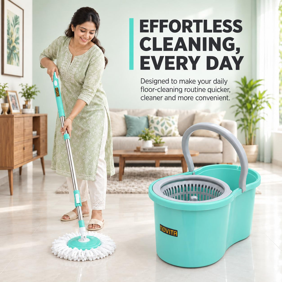 Novita Lite Twin Bucket Spin Mop with Easy Wring & Rinse System | 360° Telescopic Adjustable Handle, High Absorbency Microfiber Floor Mop | Removable Wringer Bucket Set with 1 Extra Refill (Aqua Green)