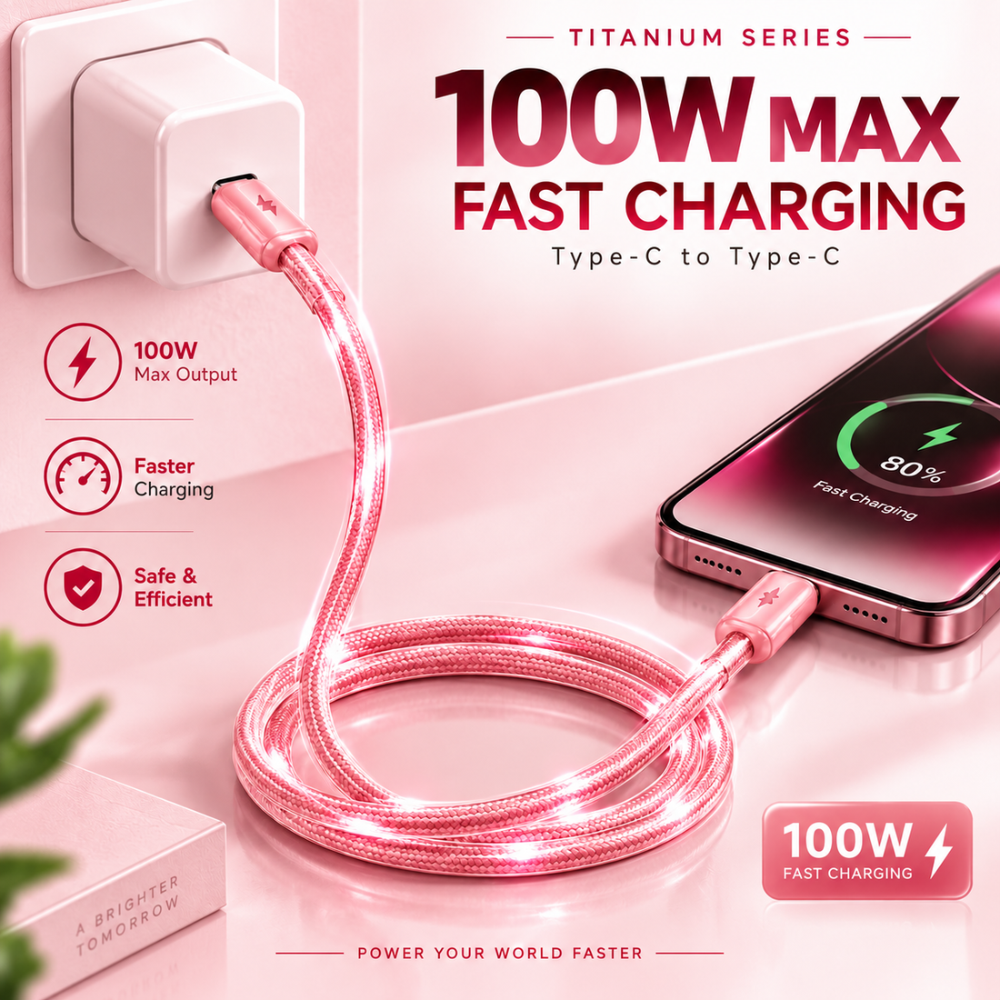 Futopia Titanium Series Low-Temperature Crystal Cable, Type-C to Type-C 100W Fast Charging, Compatible with iPhone 15–17 & Android