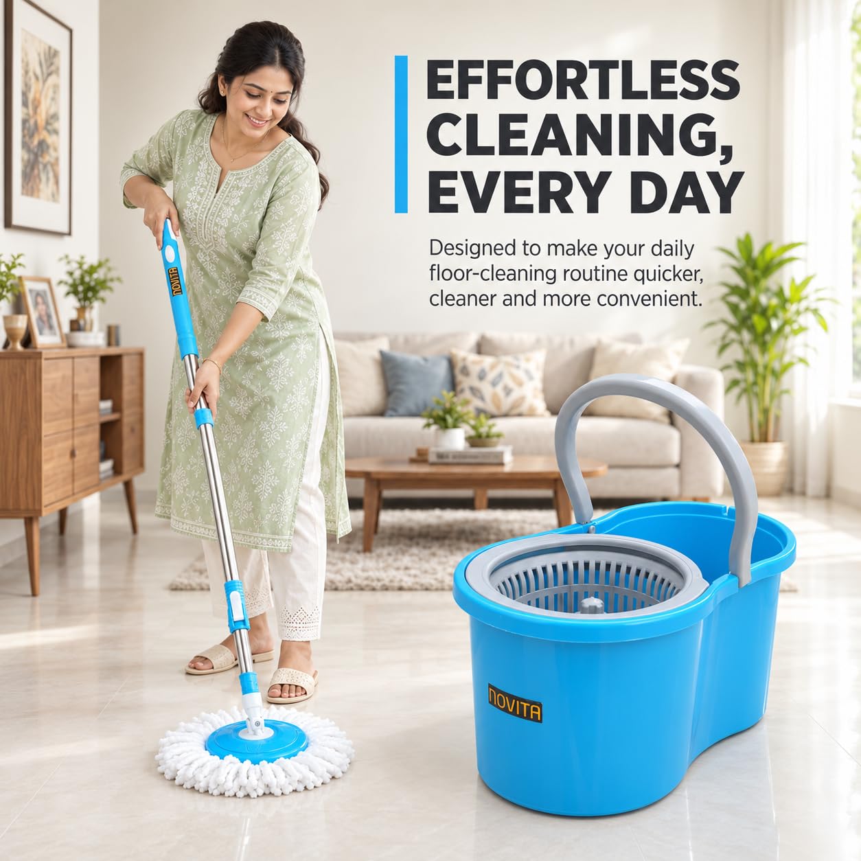Novita Lite Bucket Spin Mop Set with Easy Wring & Rinse System | 360° Telescopic Adjustable Handle | High Absorbency Microfiber Floor Mop | Removable Wringer | Bucket Set with 1 Extra Refill (Blue)