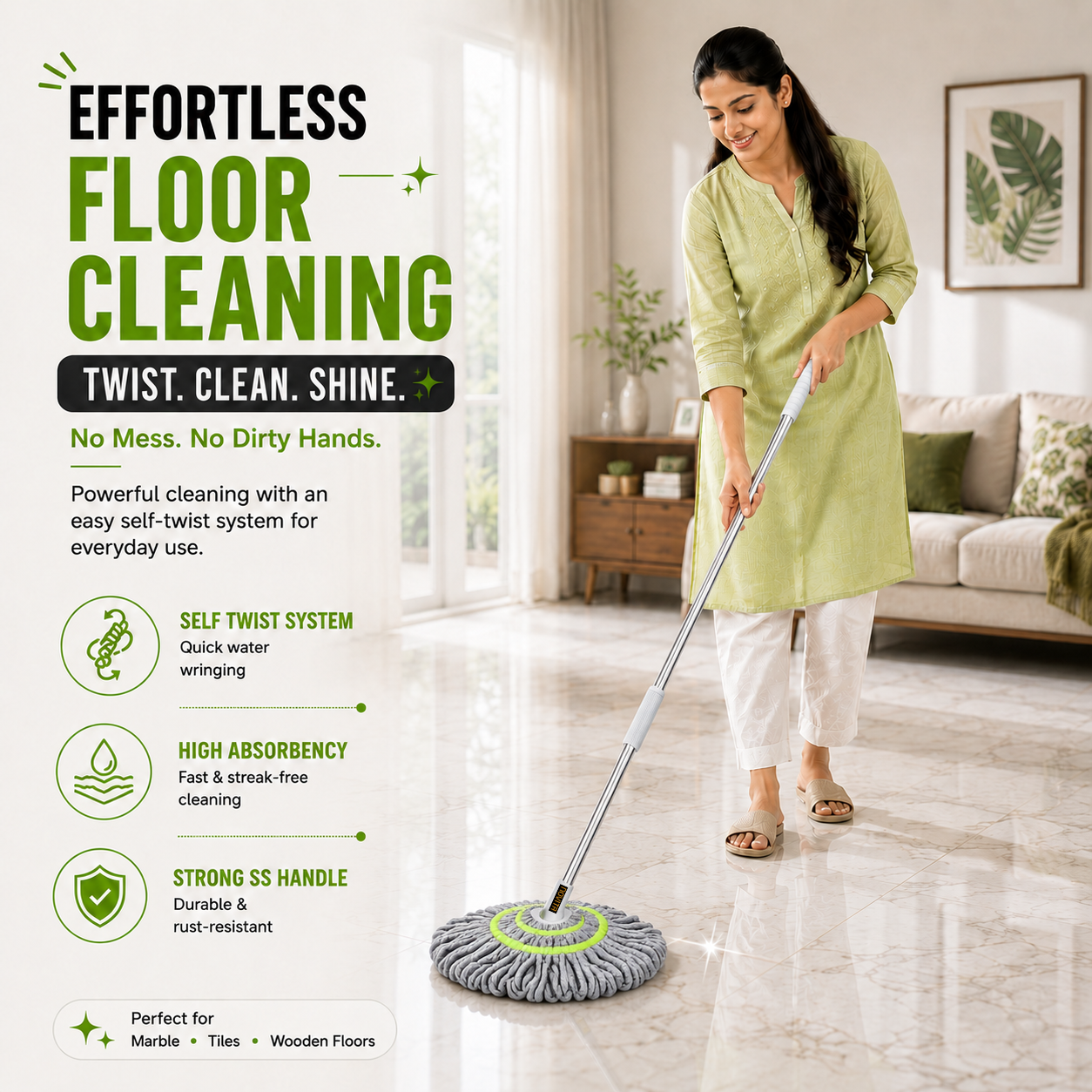 Novita Self-Wringing Twist Mop – Easy Squeeze Floor Cleaner with 360 Degree Rotation, Extendable Stainless Steel Long Handle & Super Absorbent Microfiber Heads for Home & Office Floor Cleaning