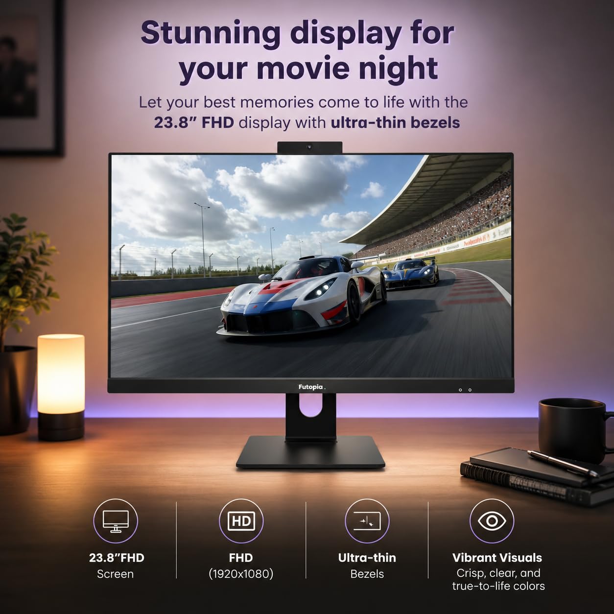 FUTOPIA A111261 All-in-One Desktop PC | Intel Core i3-14100 | 23.8" Full HD IPS Display | 8GB DDR4 RAM | 256GB NVMe SSD | Windows 11 Pro | WiFi 6 | Webcam & Mic