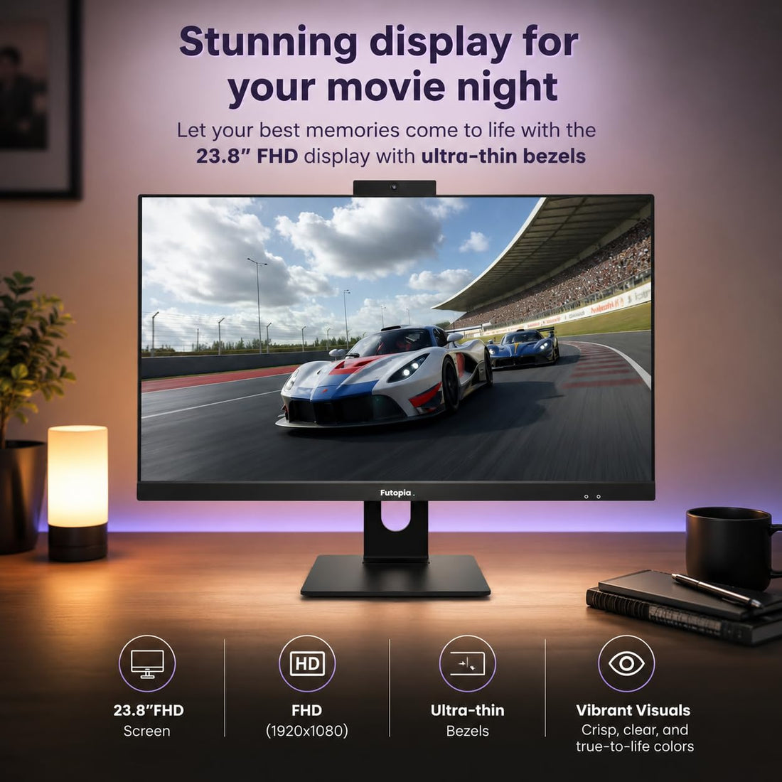 FUTOPIA A111261 All-in-One Desktop PC | Intel Core i3-14100 | 23.8" Full HD IPS Display | 8GB DDR4 RAM | 256GB NVMe SSD | Windows 11 Pro | WiFi 6 | Webcam & Mic