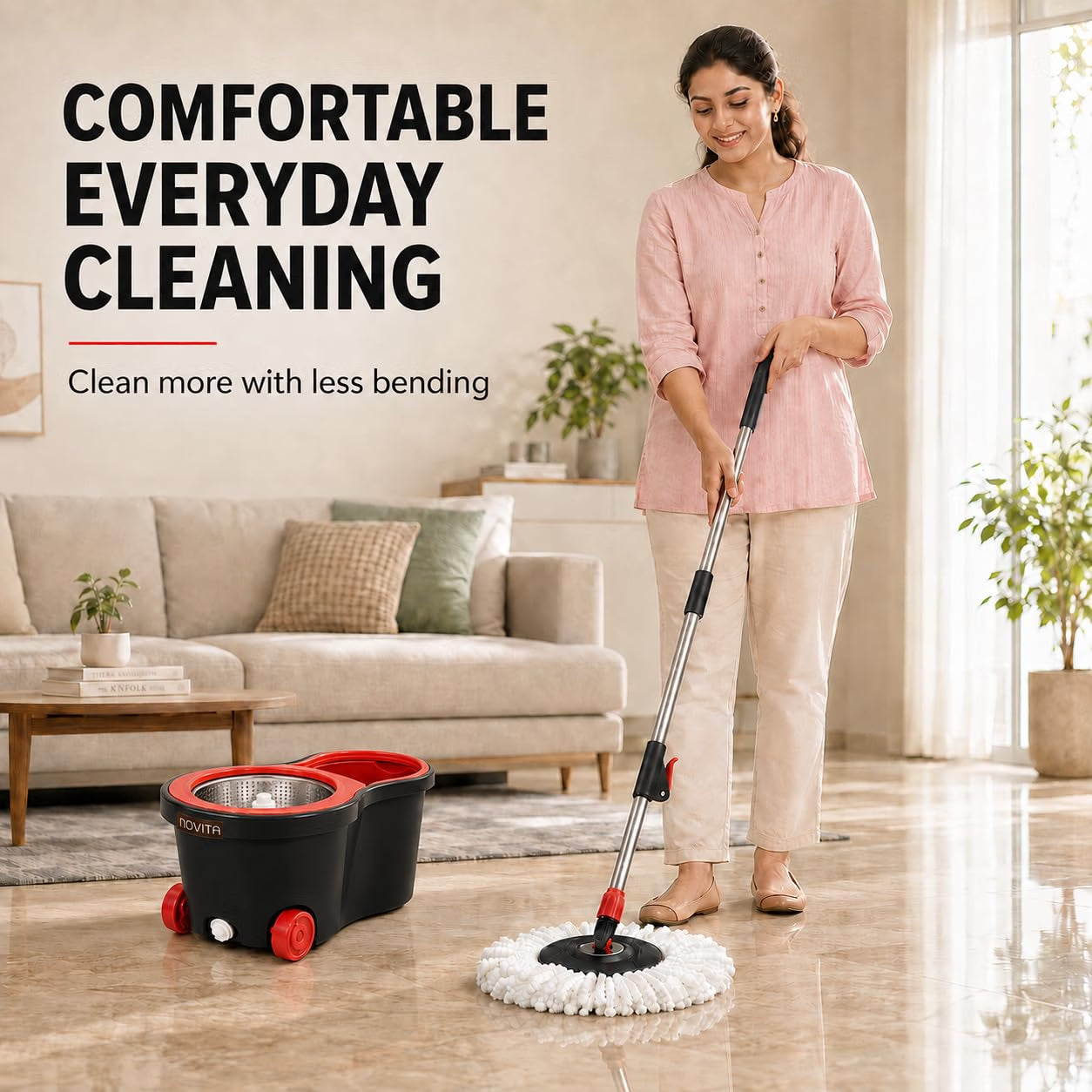 Novita 360° Spin Mop Bucket Set | Steel Jali with Heavy Smart System | Easy Rinse | Telescopic Microfiber Mop |1+1 Refill | Pocha | Wheels | Removes Over 99%* Bacteria- (Red & Black)