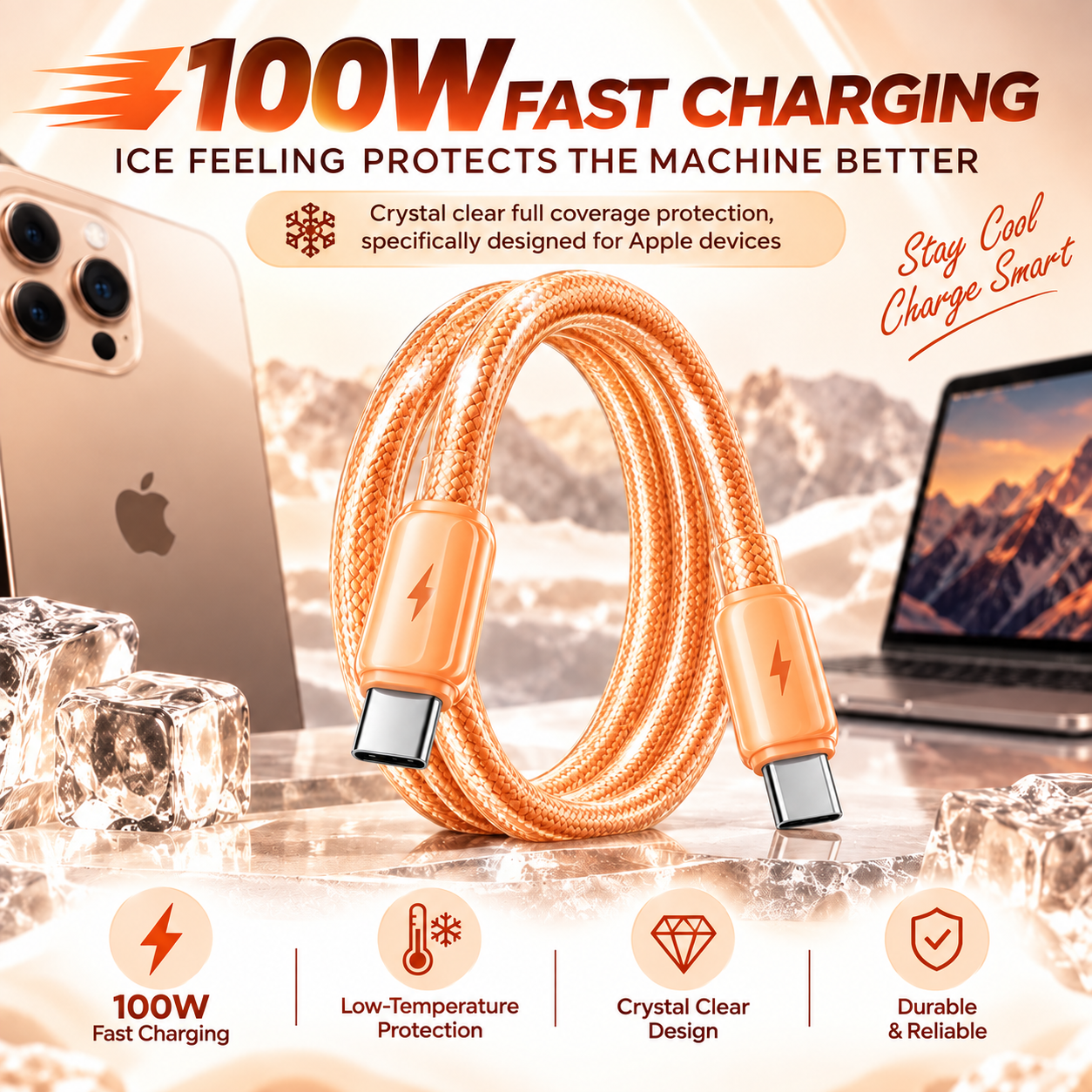 Futopia Titanium Series Low-Temperature Crystal Cable, Type-C to Type-C 100W Fast Charging, Compatible with iPhone 15–17 & Android