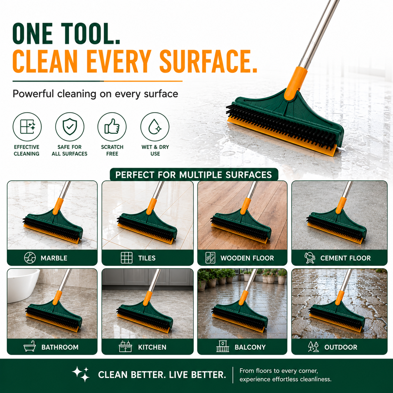 Novita 3-in-1 Bathroom Cleaning Brush with Wiper, Long Handle 180° Rotating Floor Scrub Brush, Hard Bristle Tile & Toilet Cleaning Brush for Bathroom, Kitchen