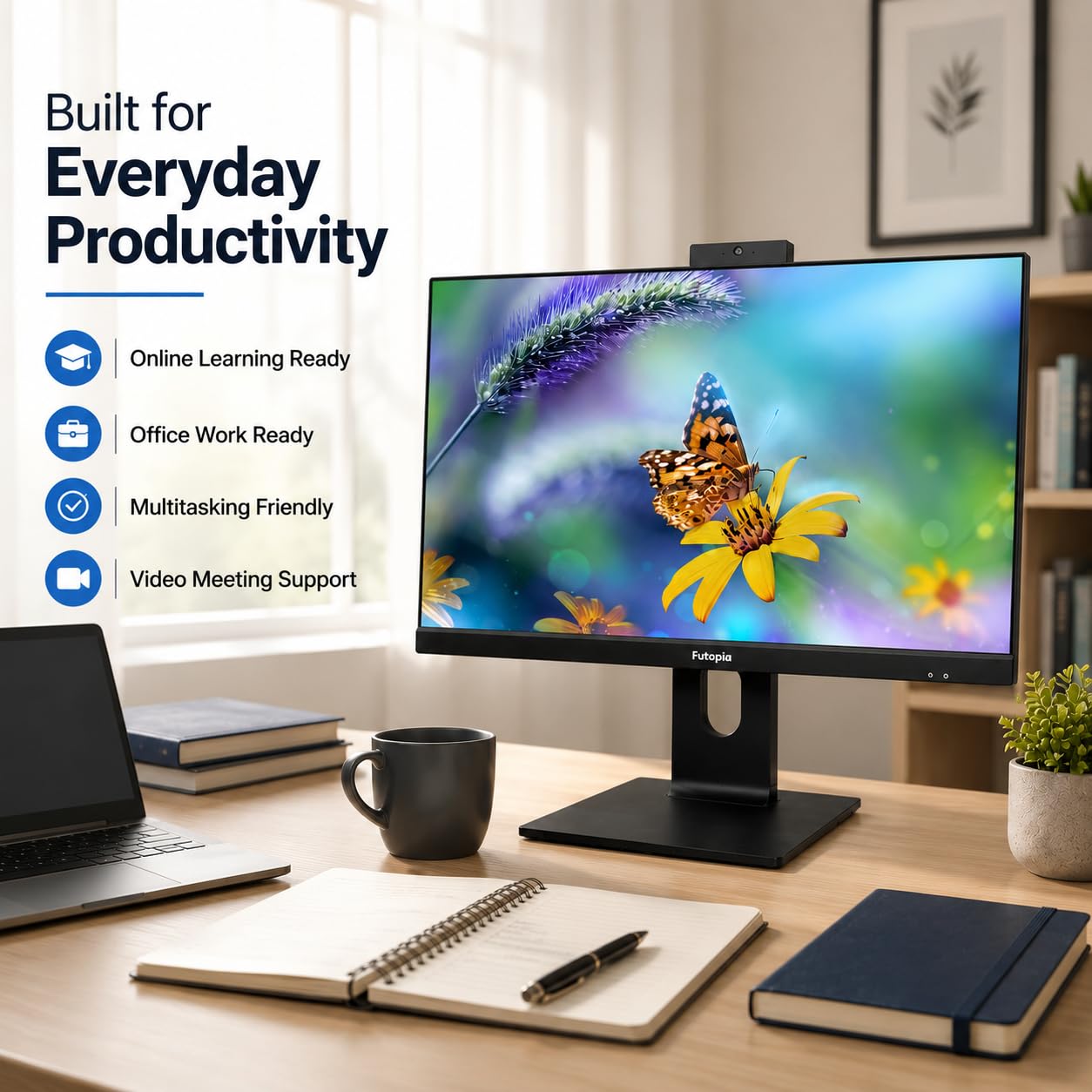FUTOPIA A111261 All-in-One Desktop PC | Intel Core i3-14100 | 23.8" Full HD IPS Display | 8GB DDR4 RAM | 256GB NVMe SSD | Windows 11 Pro | WiFi 6 | Webcam & Mic