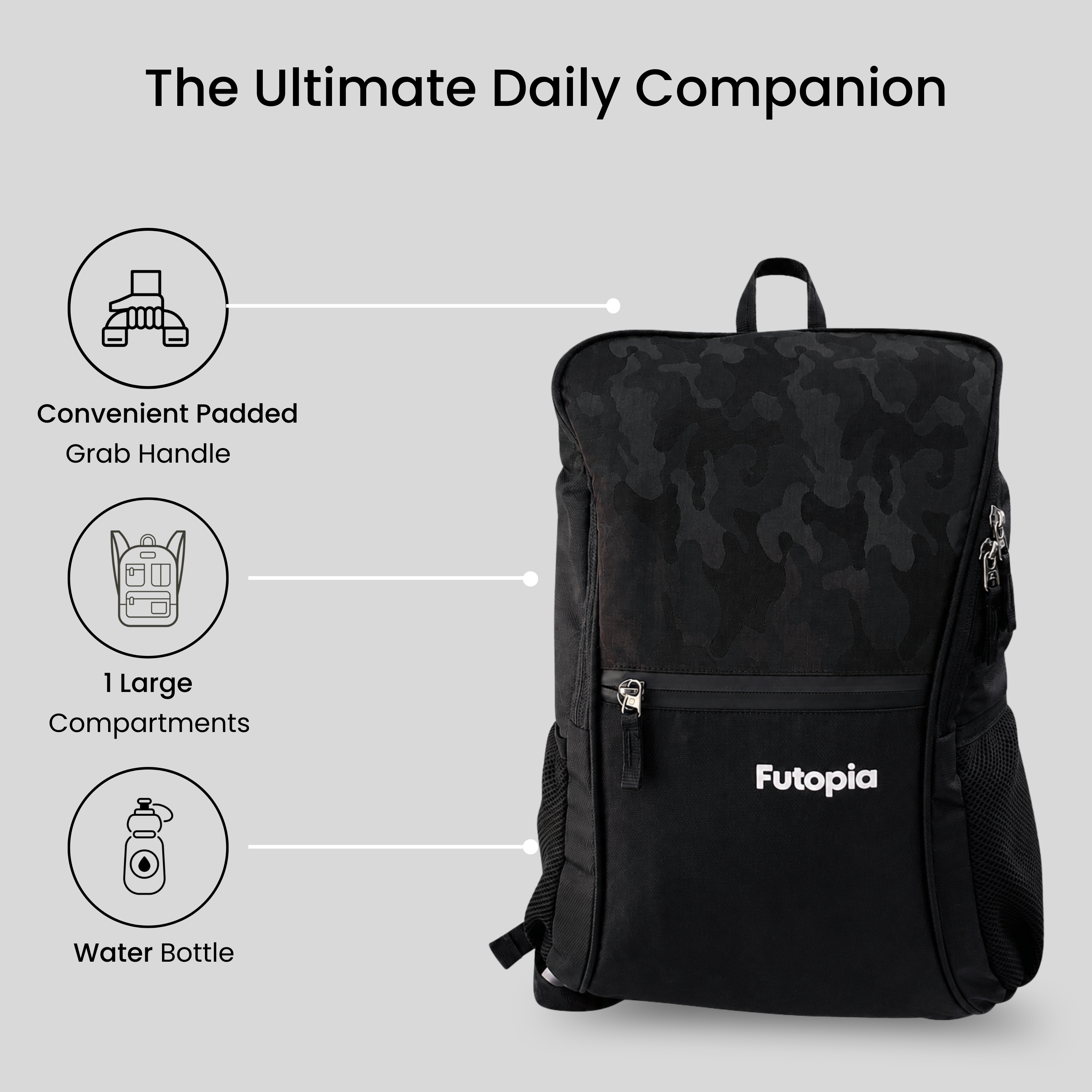 Futopia Premium Design 35L Capacity Backpack With Fit 17.3 Inch Laptop, 1 Large Storage, 1 Front Zipp | 2 Side Bottle Pocket For Men And Women, Unisex - Perfect For Office & College - Grey - Black