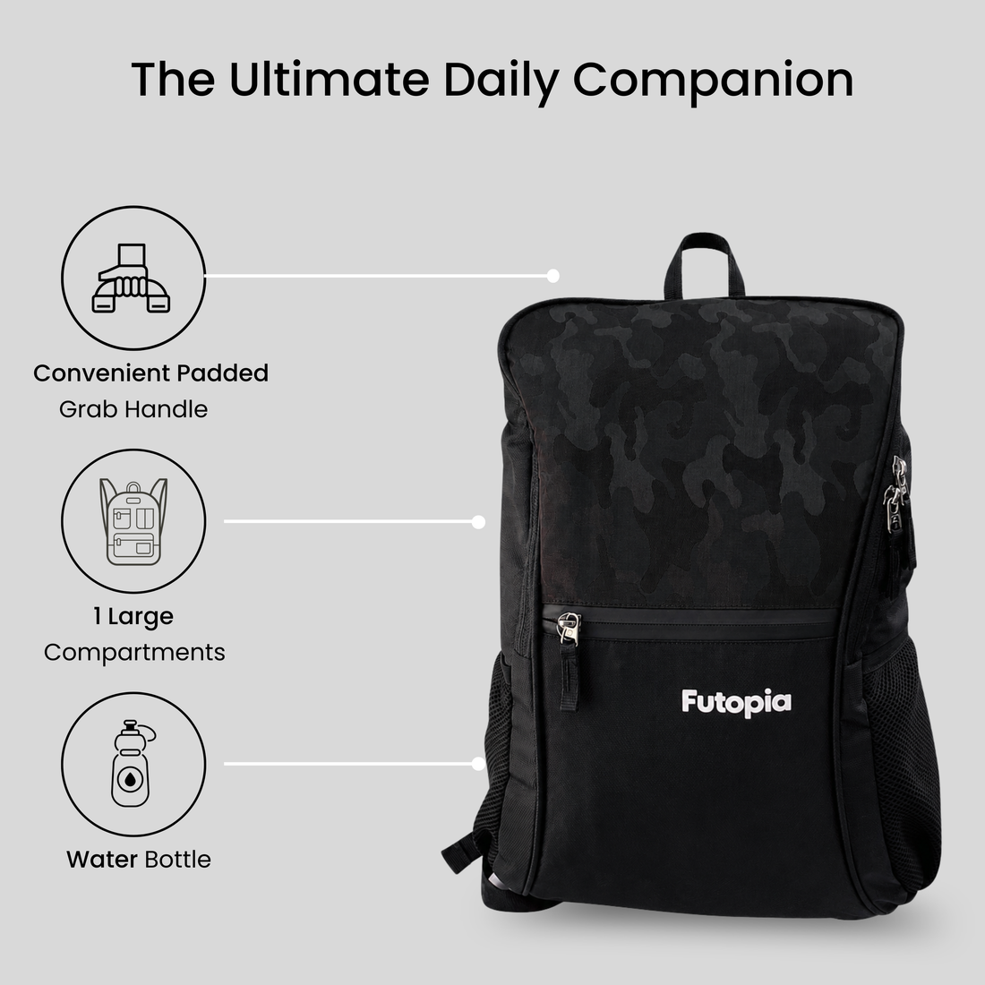 Futopia Premium Design 35L Capacity Backpack With Fit 17.3 Inch Laptop, 1 Large Storage, 1 Front Zipp | 2 Side Bottle Pocket For Men And Women, Unisex - Perfect For Office & College - Grey - Black