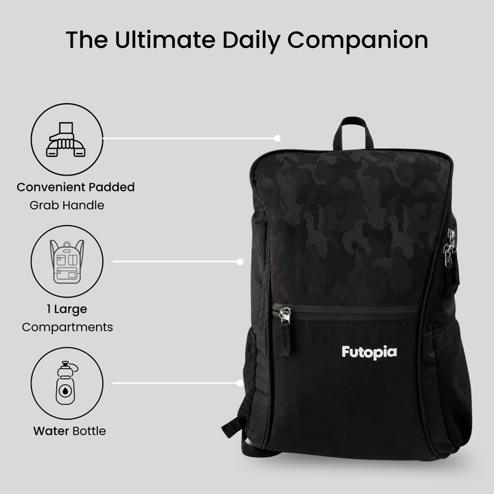 Futopia Premium Design 35L Capacity Backpack With Fit 17.3 Inch Laptop, 1 Large Storage, 1 Front Zipp | 2 Side Bottle Pocket For Men And Women, Unisex - Perfect For Office & College - Grey - Black