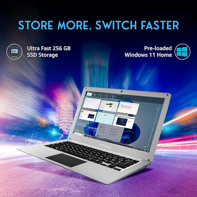 Ultimus APEX Bold N Intel Celeron Quad Core 8 GB DDR4 256 GB SSD Expandable~1TB 14.1 Ultra-Thin Bezel 180° Hinge 3.0x1,2.0x1 USB HDMI Win 11 Home 1.4KG Silver