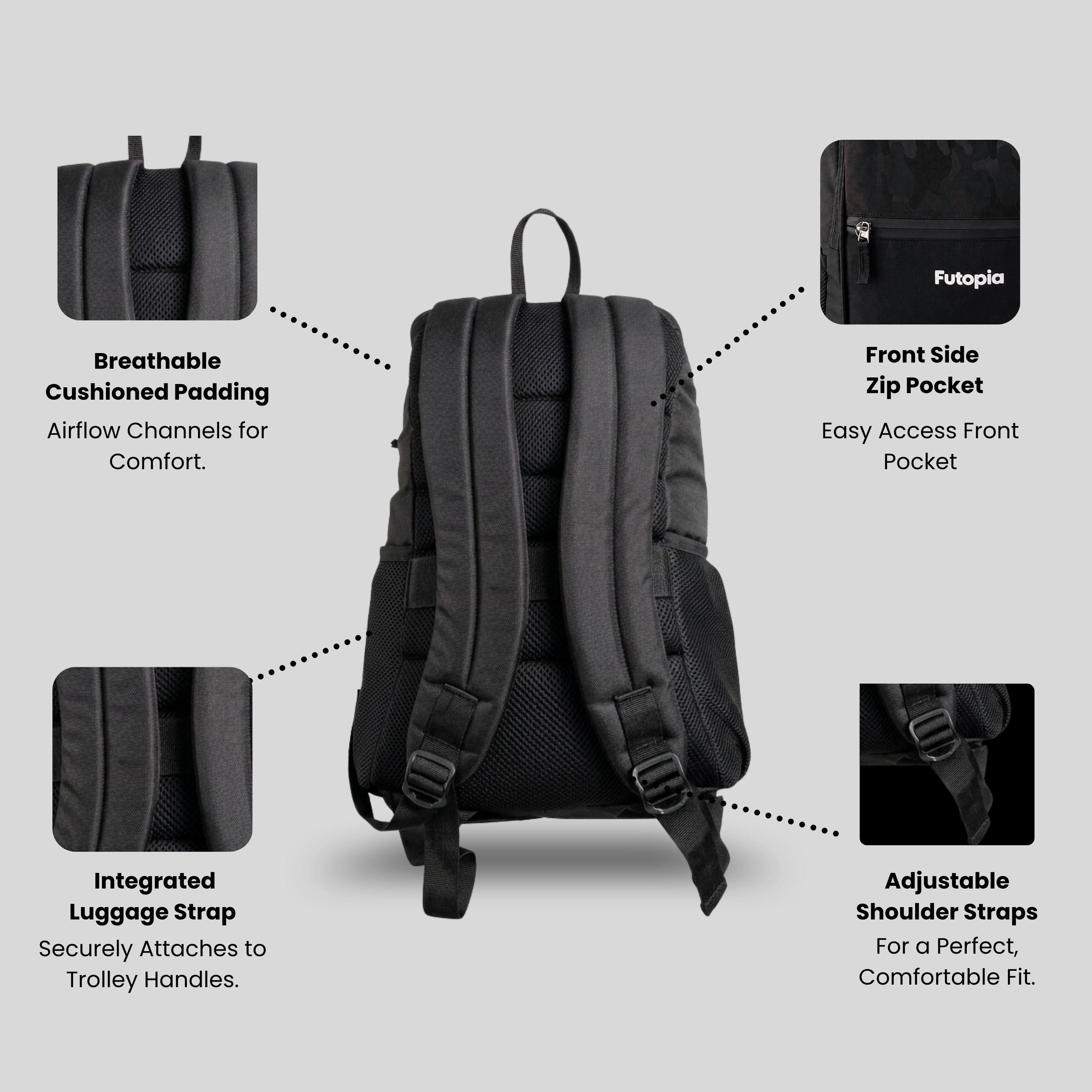 Futopia Premium Design 35L Capacity Backpack With Fit 17.3 Inch Laptop, 1 Large Storage, 1 Front Zipp | 2 Side Bottle Pocket For Men And Women, Unisex - Perfect For Office & College - Grey - Black