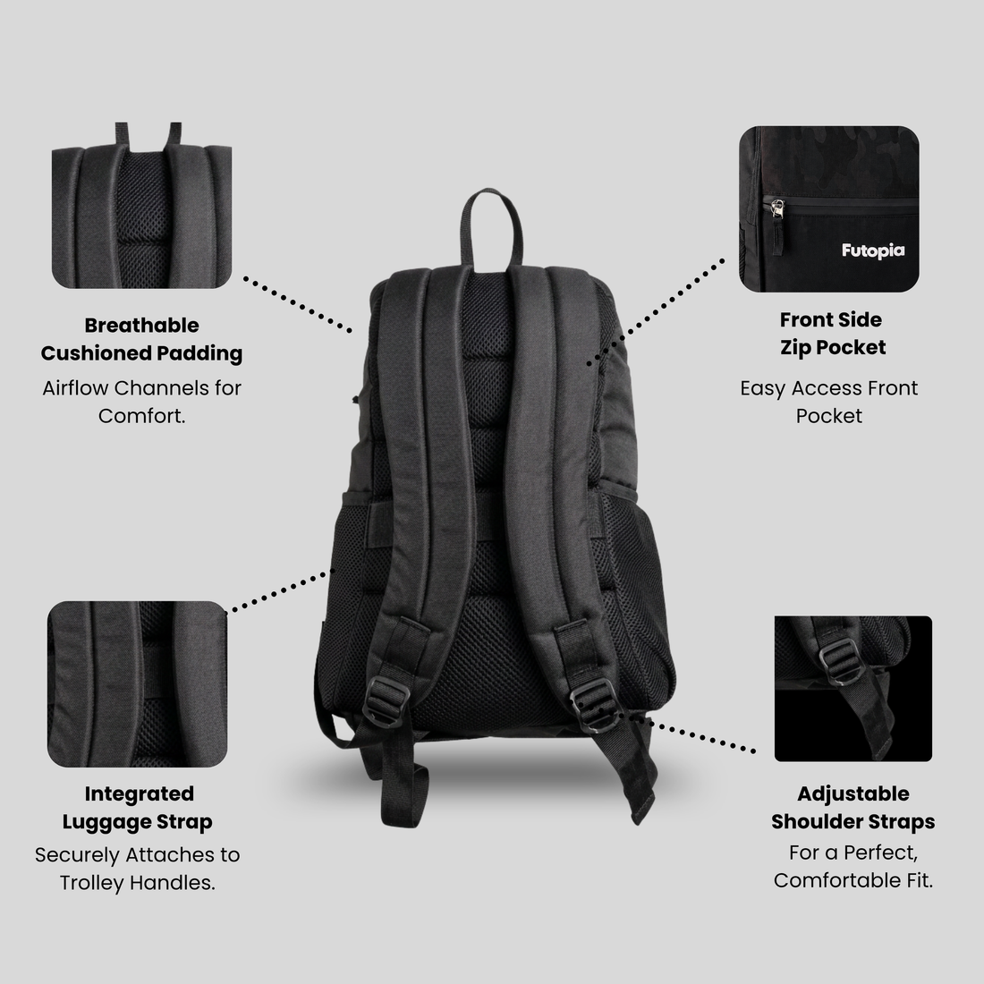 Futopia Premium Design 35L Capacity Backpack With Fit 17.3 Inch Laptop, 1 Large Storage, 1 Front Zipp | 2 Side Bottle Pocket For Men And Women, Unisex - Perfect For Office & College - Grey - Black