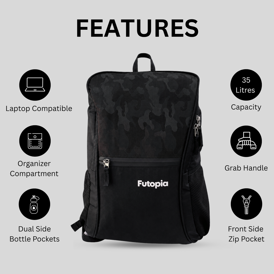 Futopia Premium Design 35L Capacity Backpack With Fit 17.3 Inch Laptop, 1 Large Storage, 1 Front Zipp | 2 Side Bottle Pocket For Men And Women, Unisex - Perfect For Office & College - Grey - Black