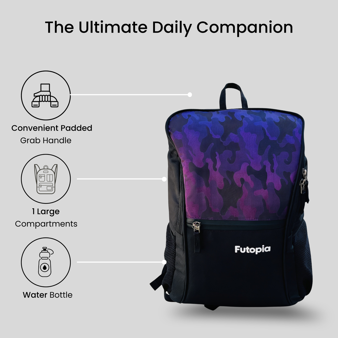 Futopia Premium Design 35L Capacity Backpack With Fit 17.3 Inch Laptop, 1 Large Storage, 1 Front Zipp | 2 Side Bottle Pocket For Men And Women, Unisex - Perfect For Office & College - Grey - Purple & Black