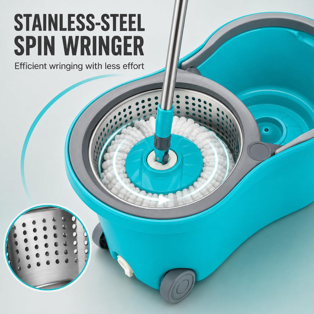 Novita 360° Spin Mop Bucket Set | Steel Jali with Heavy Smart System | Easy Rinse | Telescopic Microfiber Mop |1+1 Refill | Pocha | Wheels | Removes Over 99%* Bacteria- (Aqua Blue)