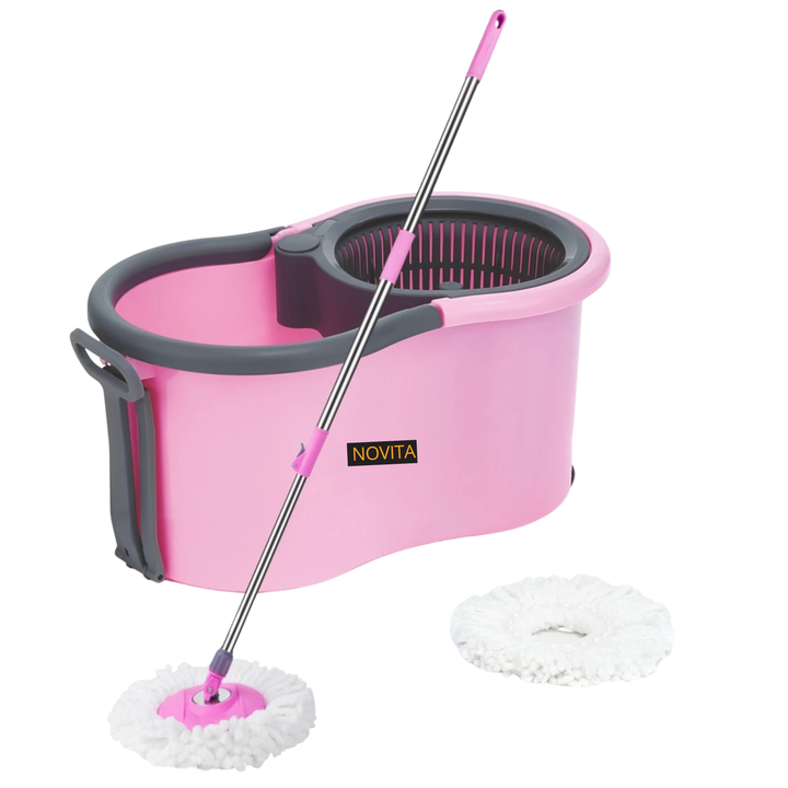 NOVITA 360° Spin Mop & Bucket with Wheels Premium Spin Mop & Bucket Set with Wheels, Adjustable Handle & 2 Microfiber Refills – Pink