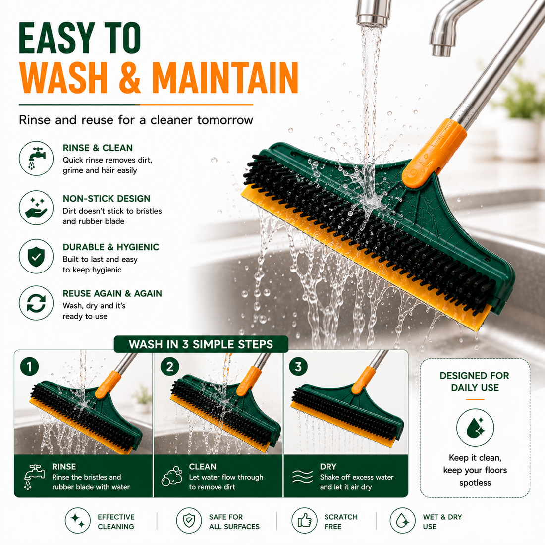 Novita 3-in-1 Bathroom Cleaning Brush with Wiper, Long Handle 180° Rotating Floor Scrub Brush, Hard Bristle Tile & Toilet Cleaning Brush for Bathroom, Kitchen