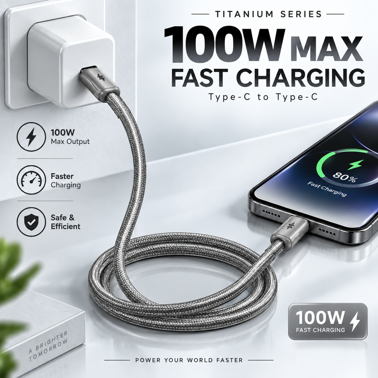 Futopia Titanium Series Low-Temperature Crystal Cable, Type-C to Type-C 100W Fast Charging, Compatible with iPhone 15–17 & Android