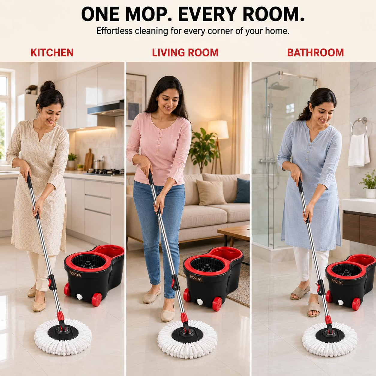 Novita 360° Spin Mop Bucket Set | Plastic Jali with Smart System | Easy Rinse | Telescopic Microfiber Mop |1+1 Refill | Pocha | Wheels | Removes Over 99%* Bacteria- (Red & Black)