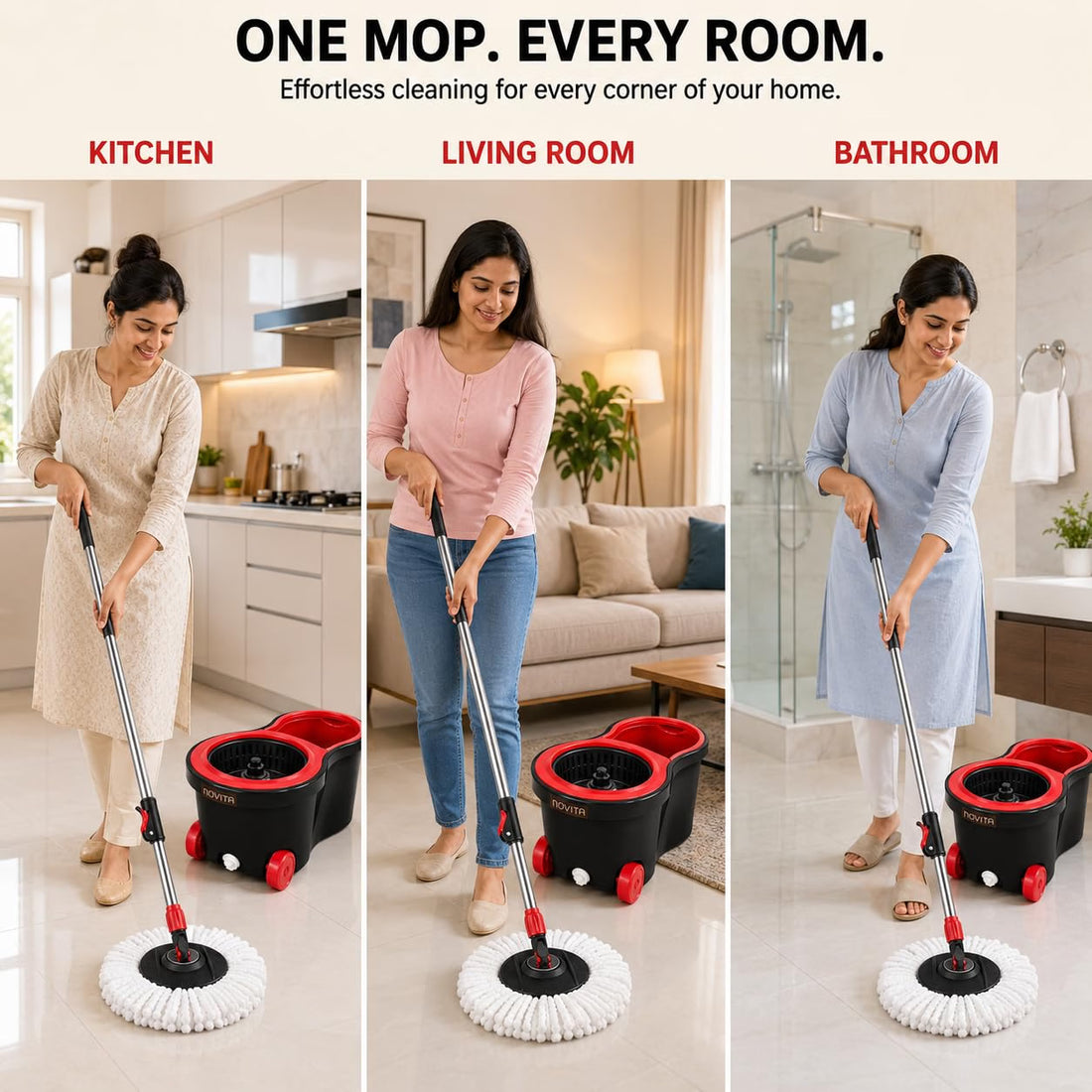 Novita 360° Spin Mop Bucket Set | Plastic Jali with Smart System | Easy Rinse | Telescopic Microfiber Mop |1+1 Refill | Pocha | Wheels | Removes Over 99%* Bacteria- (Red & Black)