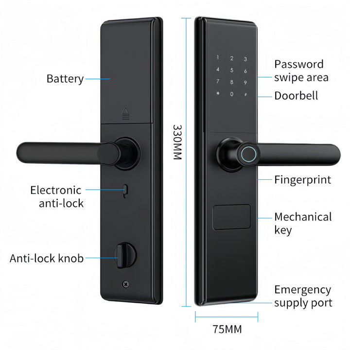 Futopia Fingerprint Smart Door Lock | App, Password, Card & Key Unlock | Aluminum Alloy & Tempered Glass | Tuya/TT Lock App | for 40–120mm Doors