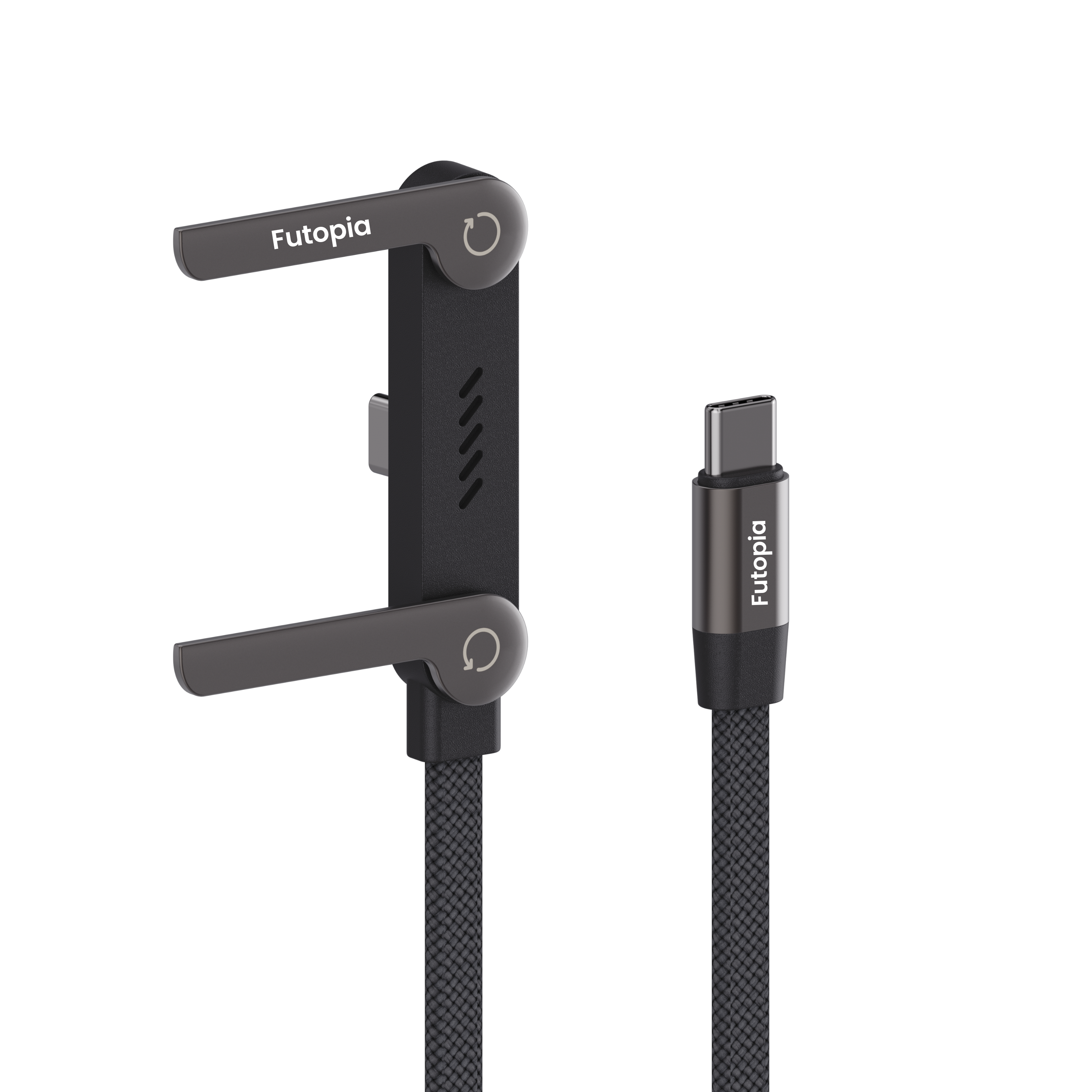 Futopia 2-in-1 240W Fast Charging Type-C to Type-c Cable with Built-in Adjustable Metal Invisible Holder Phone Stand | 1.5m Durable Braided Cable for Smartphones, Tablets, Laptops, Gaming - Black