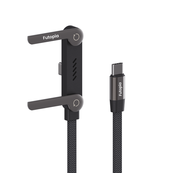 Futopia 2-in-1 240W Fast Charging Type-C to Type-c Cable with Built-in Adjustable Metal Invisible Holder Phone Stand | 1.5m Durable Braided Cable for Smartphones, Tablets, Laptops, Gaming - Black