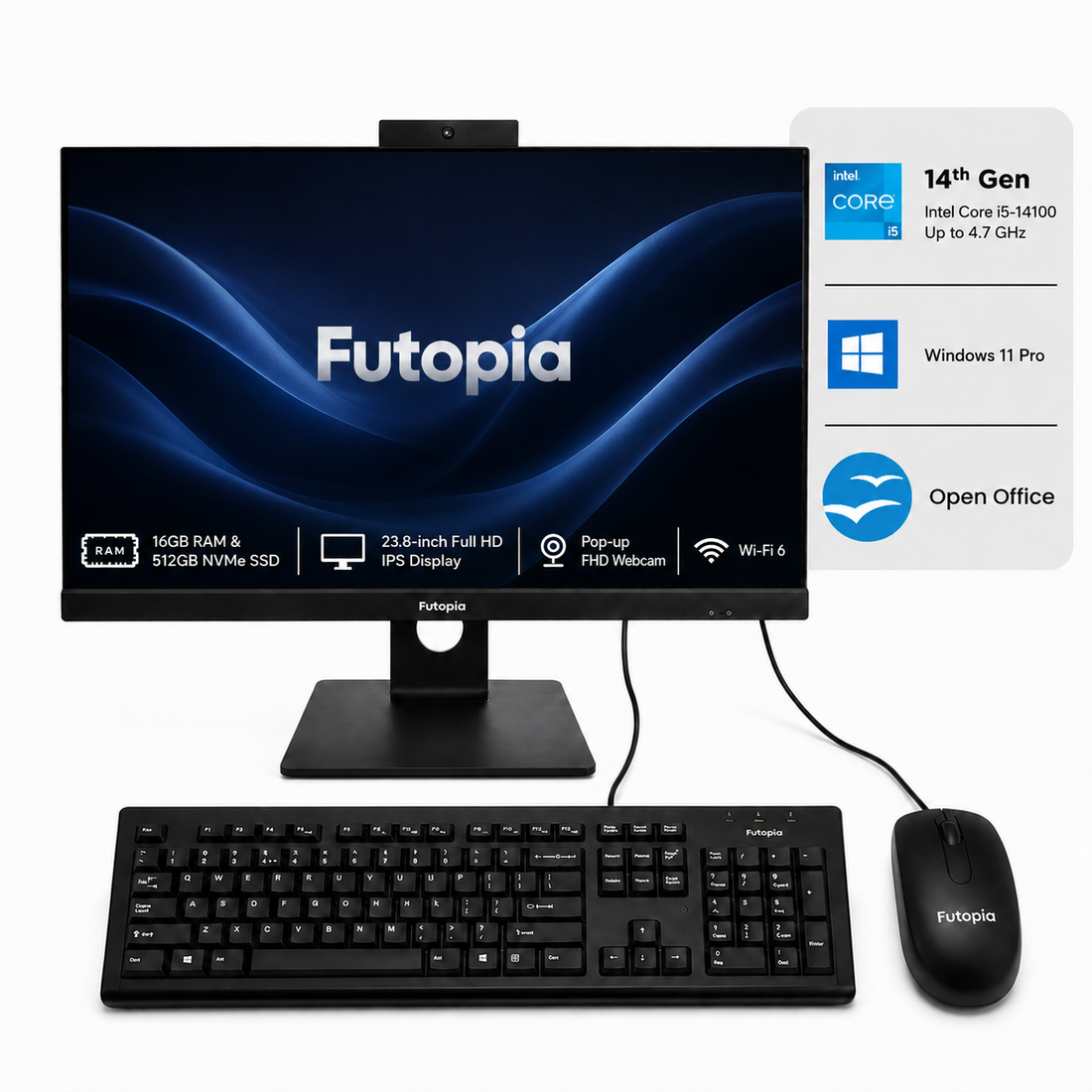 FUTOPIA A112261 All-in-One Desktop PC | Intel Core i5-14400 | 23.8" Full HD IPS Display | 16GB DDR4 RAM | 512GB NVMe SSD | Windows 11 Pro | WiFi 6 | Webcam & Mic