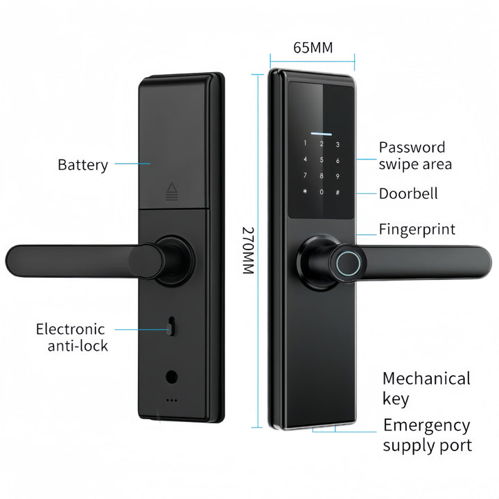 Futopia Fingerprint Smart Door Lock | App, Password, Card & Key Unlock | Aluminum Alloy Body | Tuya/TT Lock App | for 38–55mm Doors