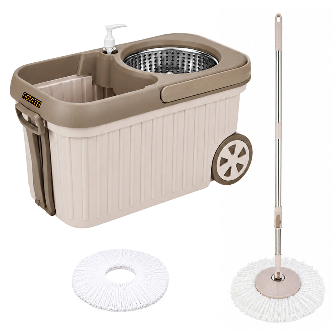 Novita Premium 360° Spin Mop Bucket Set | Steel Jali with Heavy Smart System | Easy Rinse | Telescopic Microfiber Mop & Soap Dispenser |1+1 Refill | Pocha | Big Wheels | Removes Over 99%* Bacteria