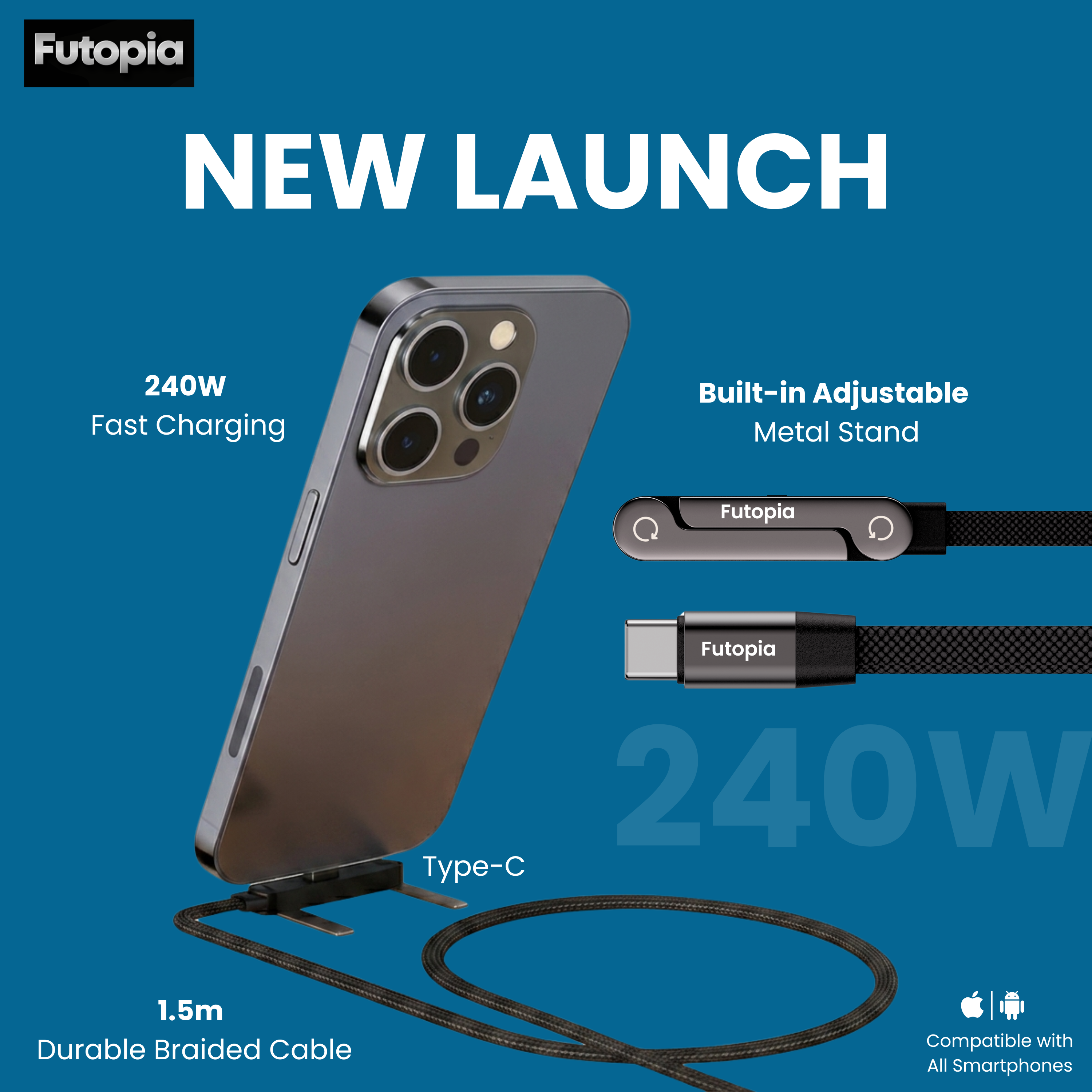 Futopia 2-in-1 240W Fast Charging Type-C to Type-c Cable with Built-in Adjustable Metal Invisible Holder Phone Stand | 1.5m Durable Braided Cable for Smartphones, Tablets, Laptops, Gaming - Black