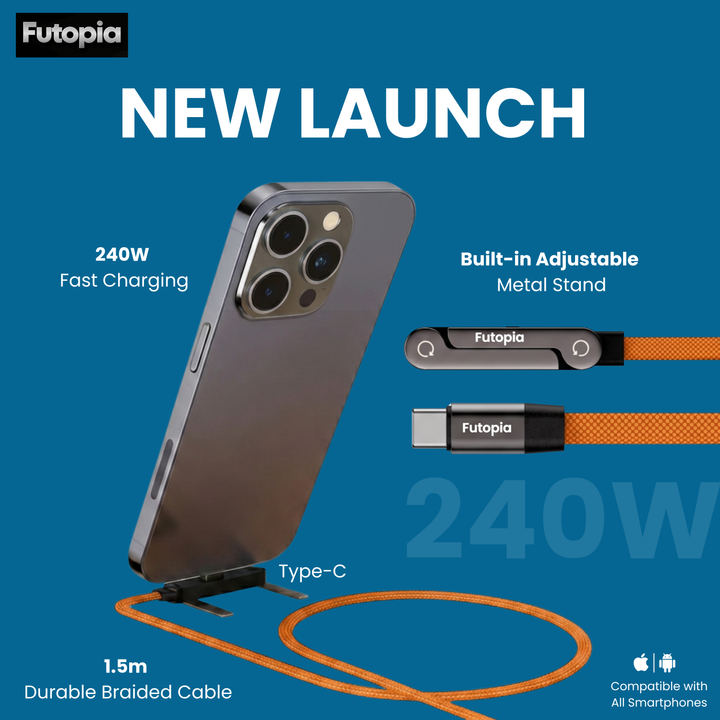 Futopia 2-in-1 240W Fast Charging type-C to type-c Cable with Built-in Adjustable Metal Invisible holder Phone Stand | 1.5m Durable Braided Cable for Smartphones, Tablets, Laptops, Gaming- Orange